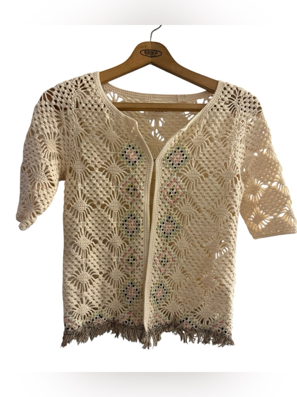 Anthropologie Edie Beige Crochet Open Cardigan w/Fringe ~Women’s XS 100% Cotton